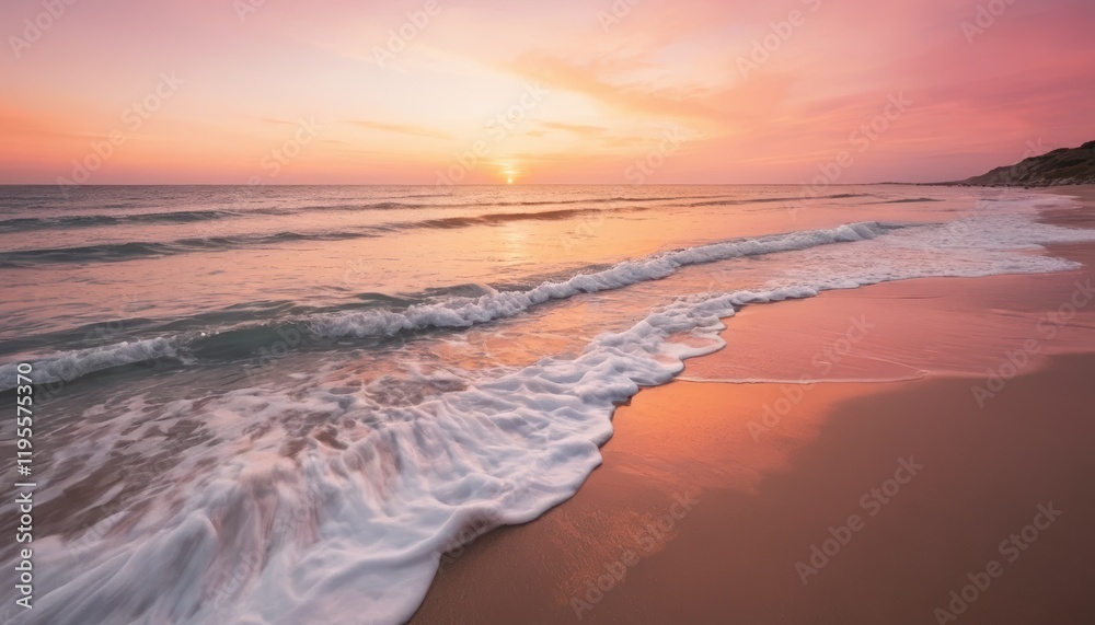 Obraz premium Tranquil Beach at Sunset with Soft Waves and Pink-Orange Horizon, generative ai