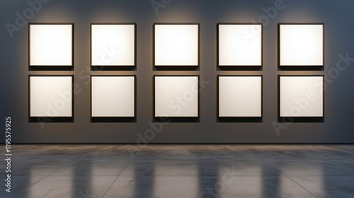 Gallery with ten square frames, empty canvases, gray backdrop.