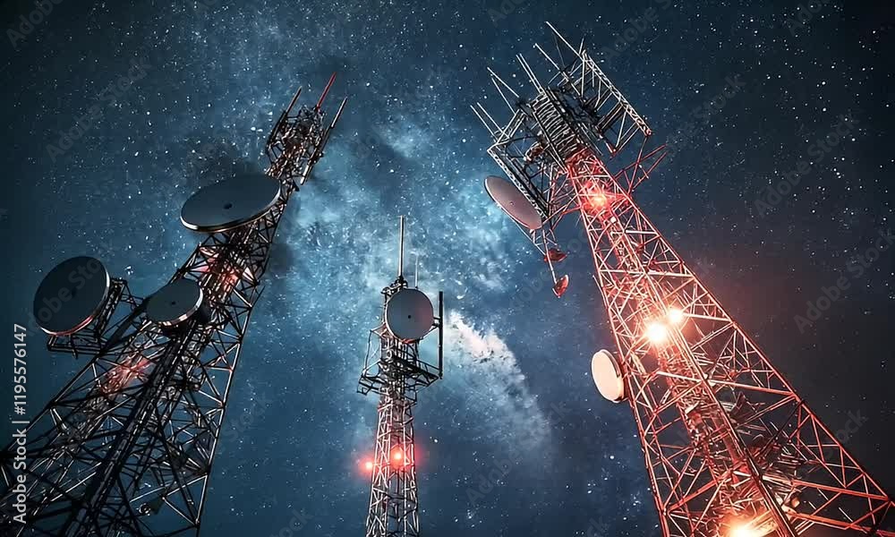 Three communication towers under a starry night sky.
