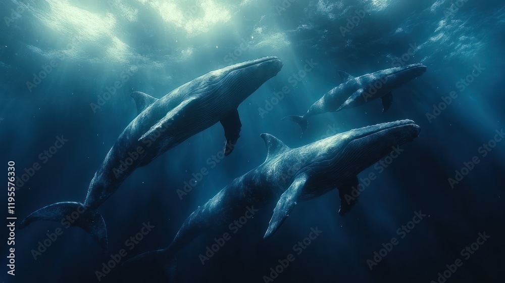 Fototapeta premium Majestic whales swimming in deep ocean, sunlight beams through water.