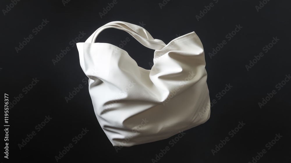 Crumpled white fabric tote bag floating against a black background. Crumpled white fabric tote bag floating against a black background.