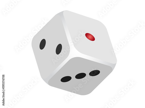 Six sided white game die icon, showing sides of 1, 2, 3