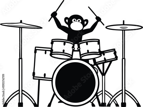 Monkey playing Drum Kit silhouette vector art, Monkey playing Drum Kit line art vector illustration, Monkey playing Drum Kit vector design photo