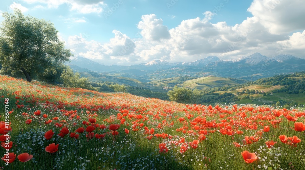 Vibrant meadow of red poppies and wildflowers with mountainous landscape Vibrant meadow of red poppies and wildflowers with mountainous landscape