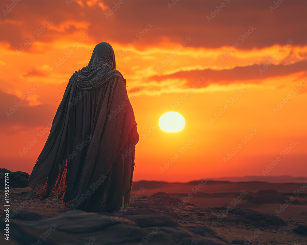 figure in desert cloak stands against dramatic sunset, evoking mystery