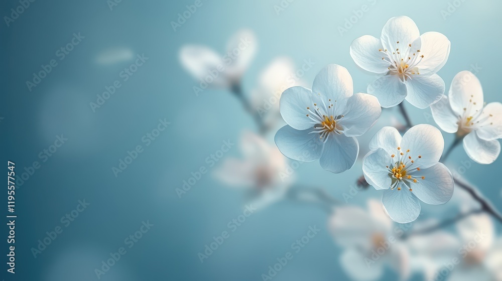 Delicate white blossoms on a branch against a soft blue background Delicate white blossoms on a branch against a soft blue background