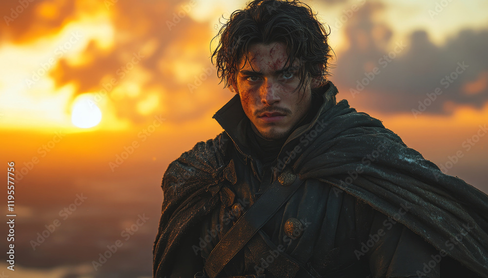Handsome character in cloak with dramatic expression at sunset