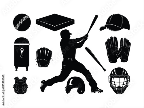 Baseball Equipment Silhouettes | Sports Gear Icon Set