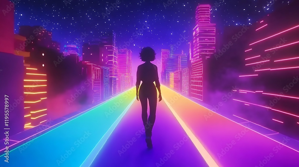 A person walking on a holographic pathway in a neon-lit cityscape A person walking on a holographic pathway in a neon-lit cityscape