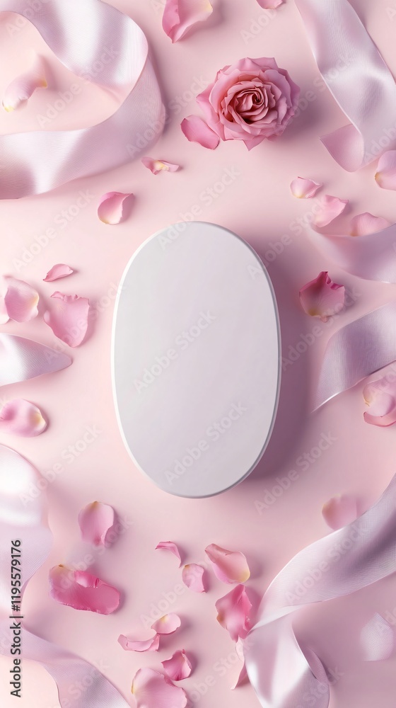 Flat lay top view of a sleek minimal white oval podium with silk ribbon and rose petals. Copy space. Generative AI. Flat lay top view of a sleek minimal white oval podium with silk ribbon and rose petals. Copy space. Generative AI.