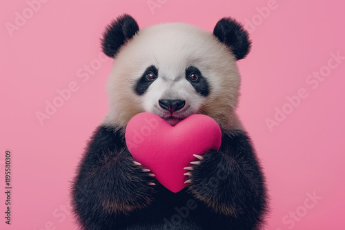 Cute, beautiful panda with a heart in her hands on a pink background. Celebrating Valentine's Day. Holiday concept. Advertising banner