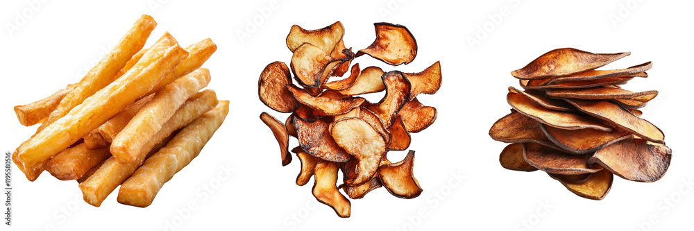 A set of Freshly fried, crispy potato chips in a pile isolated on a transparent background A set of Freshly fried, crispy potato chips in a pile isolated on a transparent background