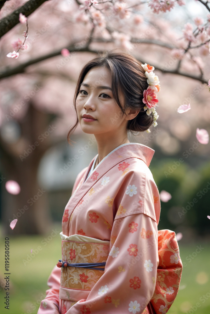 Elegant Japanese Woman in Pink Kimono Under Blooming Cherry Blossoms Elegant Japanese Woman in Pink Kimono Under Blooming Cherry Blossoms