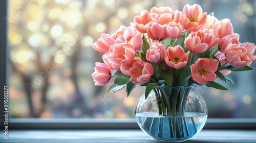 Wallpaper Mural Lively pink tulips in vase by sunlit window Torontodigital.ca