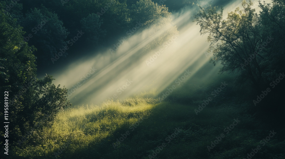 Fototapeta premium Golden Rays of Sunlight Filtering Through Trees in a Serene Green Forest Tranquil Nature Photography