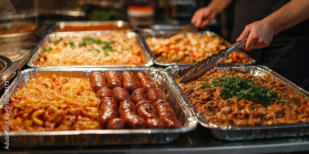 Obraz premium A gourmet breakfast buffet with a variety of dishes, ideal for promoting hospitality and luxury dining experiences.