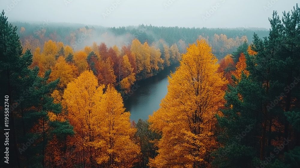 Fototapeta premium Misty autumn river winding through vibrant fall foliage.