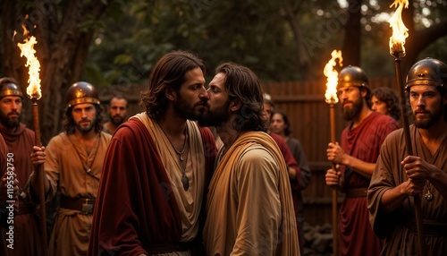 Judas Iscariot betraying Jesus with a kiss, depicting the biblical scene of the betrayal during the spread of Christianity in the first century