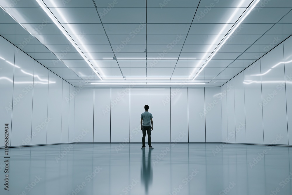 Fototapeta premium Minimalist room with white walls and glowing overhead lights.