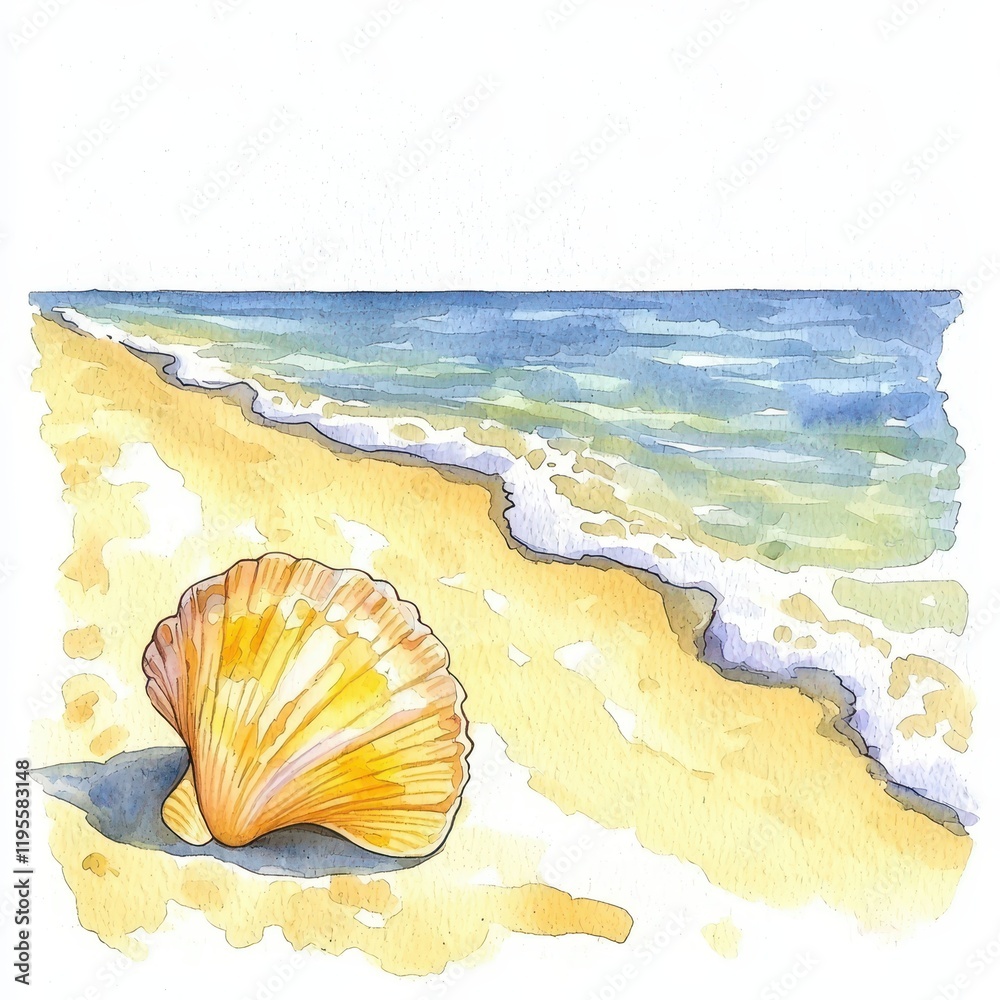 Watercolor seascape with shell beachfront art illustration tranquil environment perspective of coastal beauty Watercolor seascape with shell beachfront art illustration tranquil environment perspective of coastal beauty