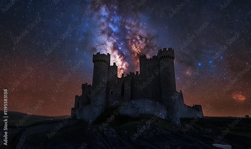 Fototapeta premium The ancient castle standing against a star-studded night sky with the Milky Way arching above