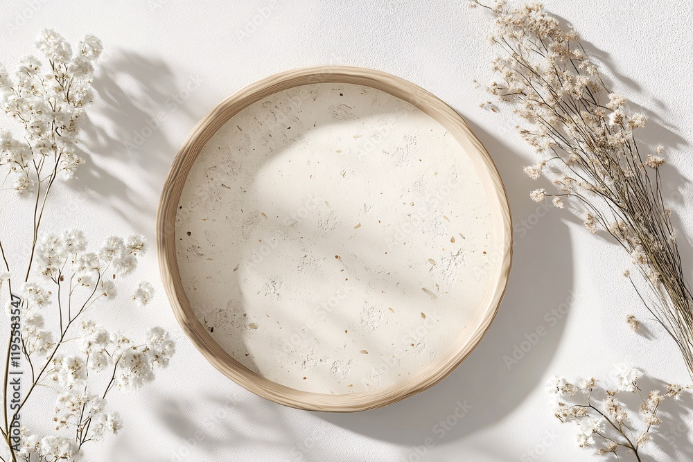 Empty round tray displaying casting light and shadow with dried flowers decoration Empty round tray displaying casting light and shadow with dried flowers decoration