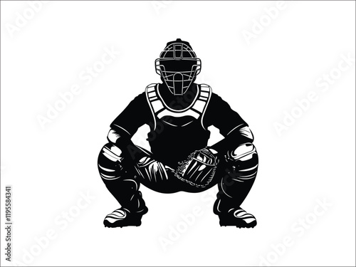 Baseball Catcher Silhouettes in Squatting Pose - Sports Clipart Design