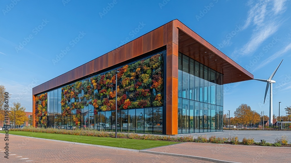 Naklejka premium Modern building with vertical garden and wind turbine.