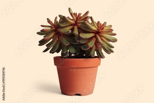 A vibrant Sedum rubrotinctum, also known as 'Jelly Bean' succulent, thrives in a terracotta pot. photo