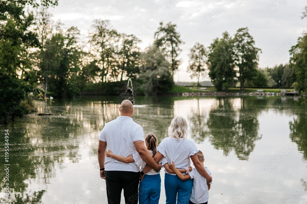 A family dressed in uniform white shirts stands together in a park by a pond A family dressed in uniform white shirts stands together in a park by a pond