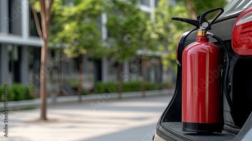 Wallpaper Mural A red fire extinguisher rests on the open rear door of a black SUV parked amidst a beautiful natural setting along a quiet road. Torontodigital.ca
