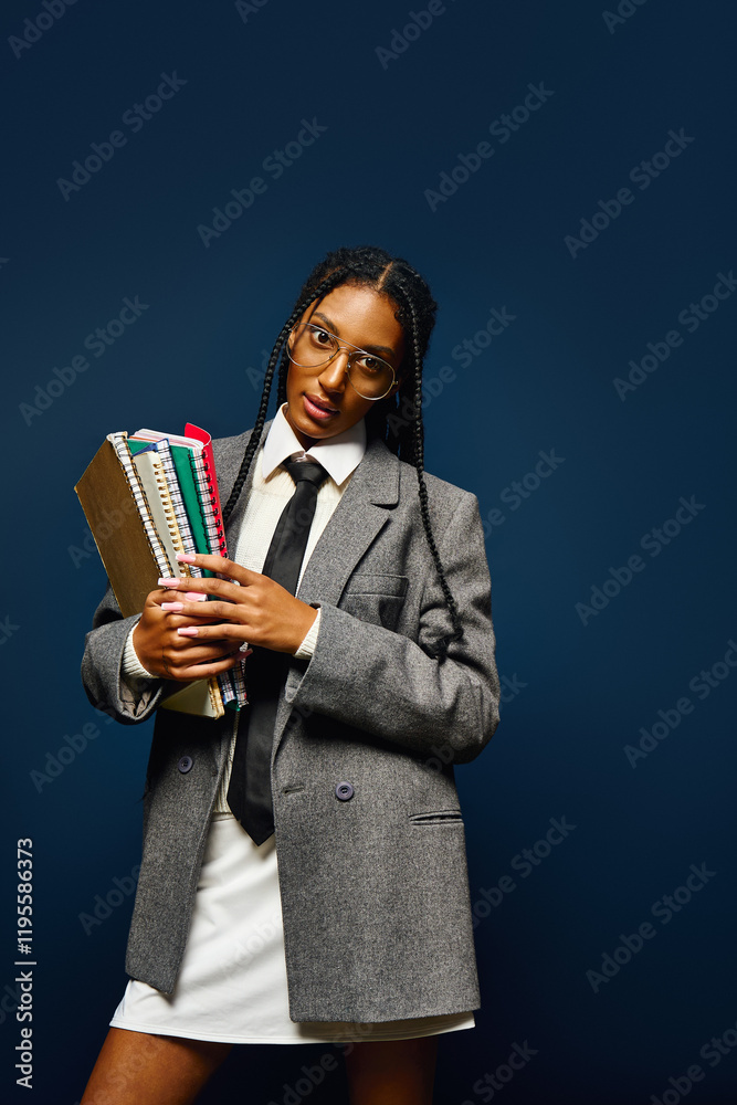 Confident young woman poses with books, flaunting her unique style against a dark backdrop. Confident young woman poses with books, flaunting her unique style against a dark backdrop.