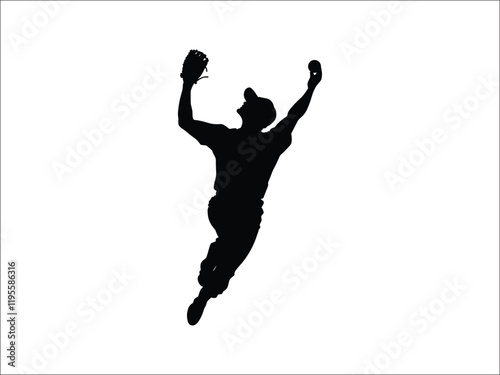 Baseball Outfielder Catching Fly Ball Silhouettes - Sports Vector Art