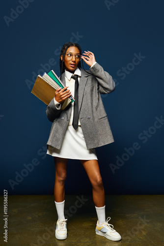 Confident young woman holds notebooks while posing in a trendy outfit against blue background.