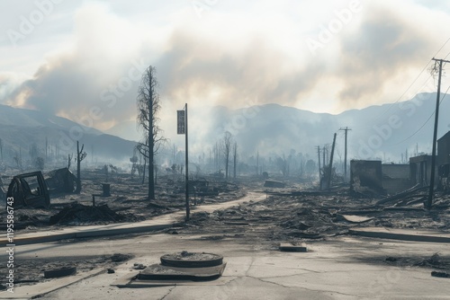 Devastated landscape after a wildfire, with charred trees, burnt structures, smoke rising in the distance, and a desolate road stretching into the scorched terrain
