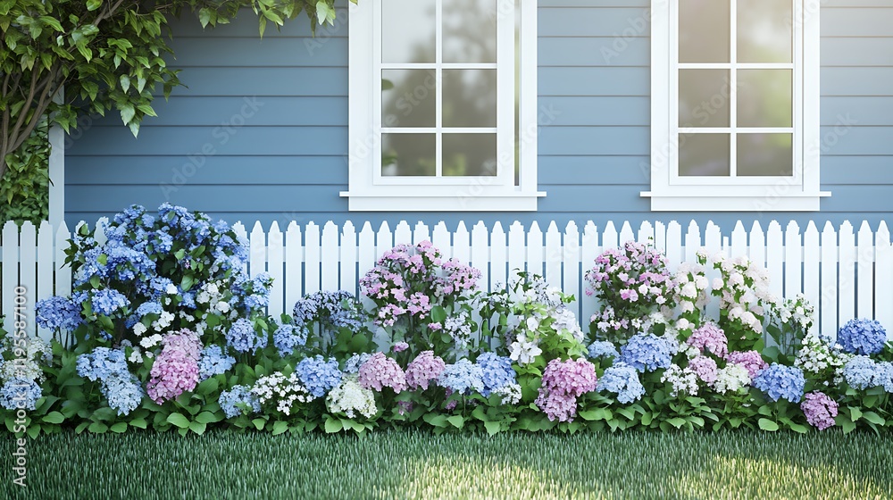 Naklejka premium Decorative floral stands in a backyard with green grass and white picket fence