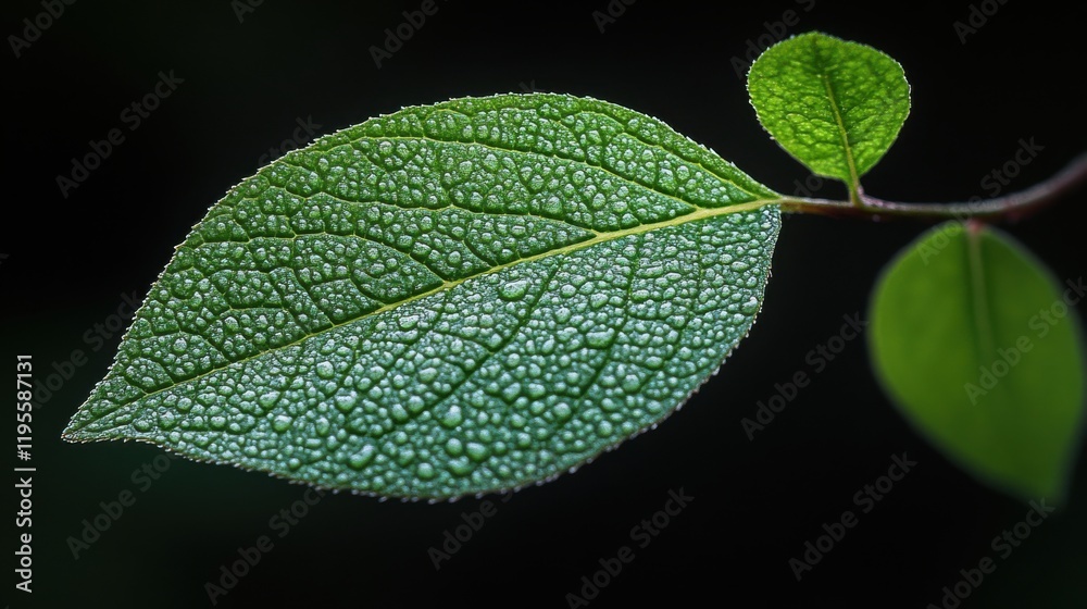 Close-Up of Dewy Green Leaf with Textured Surface and Rich Detail Against a Dark Background, Highlighting Nature's Beauty and Intricate Patterns Close-Up of Dewy Green Leaf with Textured Surface and Rich Detail Against a Dark Background, Highlighting Nature's Beauty and Intricate Patterns