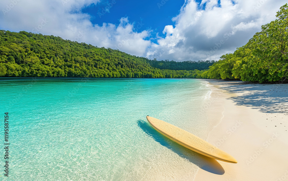 A bright yellow SUP board floats on crystal-clear water with beautiful tropical landscapes A bright yellow SUP board floats on crystal-clear water with beautiful tropical landscapes