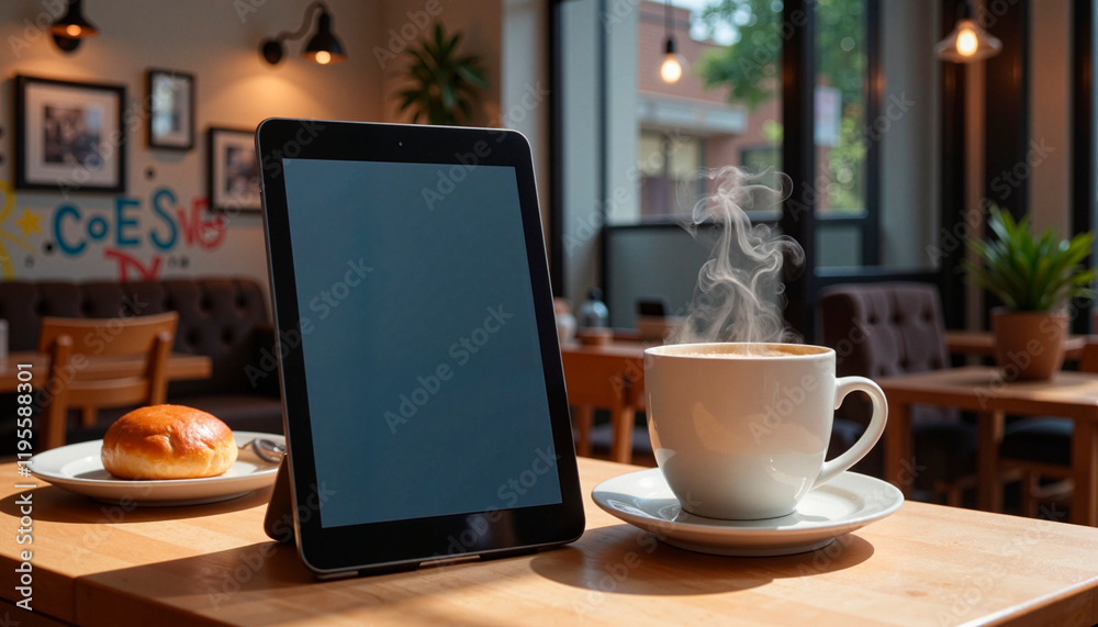 Cozy coffee moment with steaming cup and tablet in hipster cafe, relaxation