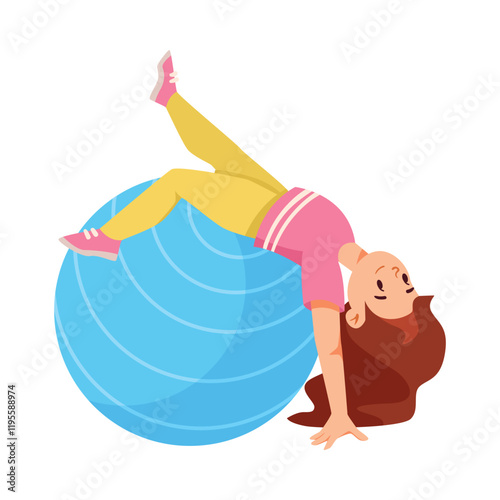 Girl Character with Fitball Do Sport and Physical Activity Vector Illustration