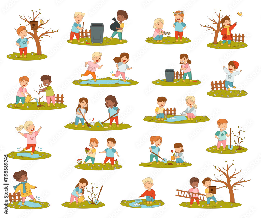 Fototapeta premium Kids Enjoying Spring Warm Season Playing at Nature Vector Set