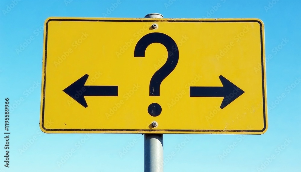 Yellow road sign with two arrows and question mark, blue sky Yellow road sign with two arrows and question mark, blue sky
