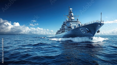 Modern warship sailing on a vast ocean under a clear sky.