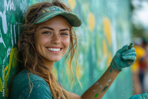 Volunteers painting a green mural in a community center, symbolizing urban greening. Bright lighting, contrast photo