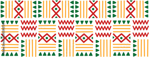 African geometric seamless pattern on white background. Abstract ethnic horizontal ornament. For greeting card, banner, textiles, wallpaper. Vector flat illustration.