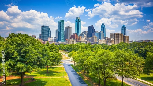 Stunning Philadelphia Skyline View from Lush Green Park