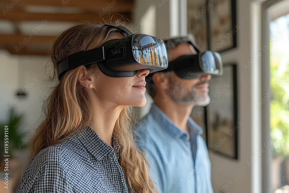 Couple Experiencing Virtual Reality Together In Home Setting Couple Experiencing Virtual Reality Together In Home Setting