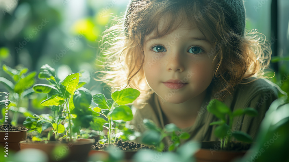 A child learning about plant growth in a greenhouse, surrounded by potted plants. Bright lighting, contrast A child learning about plant growth in a greenhouse, surrounded by potted plants. Bright lighting, contrast