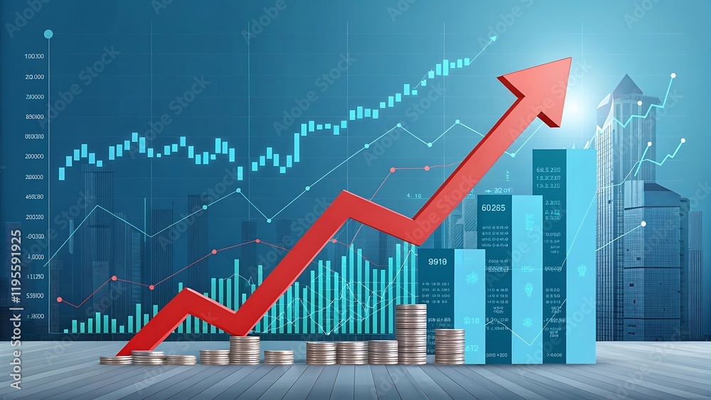 A red upward trending arrow against a blue background with financial charts and graphs, representing a positive stock market or economic growth A red upward trending arrow against a blue background with financial charts and graphs, representing a positive stock market or economic growth