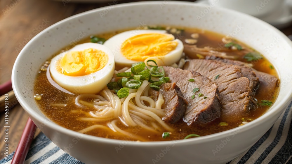 Delicious beef noodle soup featuring tender meat and soft boiled egg served in a cozy setting Delicious beef noodle soup featuring tender meat and soft boiled egg served in a cozy setting